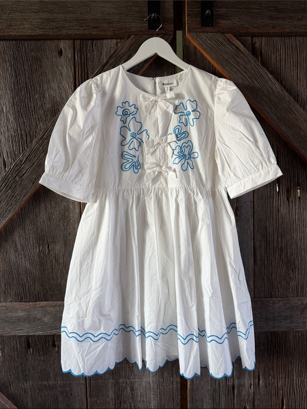 White Cotton Dress with Blue Embroidery